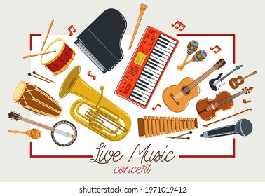 Music orchestra diverse instruments vector flat poster, live sound concert or festival, musical band or orchestra playing and singing songs advertising flyer or banner.