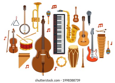 Music orchestra diverse instruments vector flat illustration isolated on white background, live sound concert or festival, musical band or orchestra playing and singing songs.