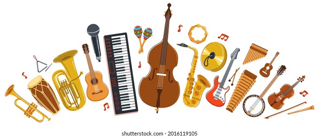 Orquesta musical con diversos instrumentos vectorial ilustración plana aislada de fondo blanco, concierto o festival de sonido en vivo, banda musical o orquesta tocando y cantando canciones.