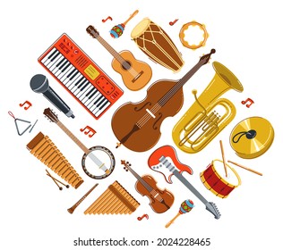 Music orchestra diverse instruments vector flat illustration isolated on white background, live sound concert or festival, musical band or orchestra playing and singing songs.