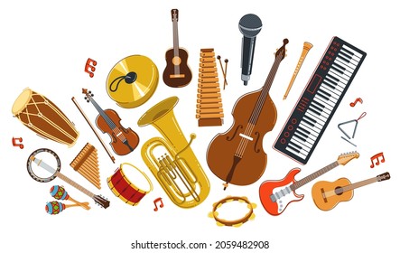 Music orchestra diverse instruments vector flat illustration isolated on white background, live sound concert or festival, musical band or orchestra playing and singing songs.