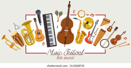 Music orchestra diverse instruments vector flat poster, live sound concert or festival, musical band or orchestra playing and singing songs advertising flyer or banner.