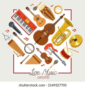 Music orchestra diverse instruments vector flat poster, live sound concert or festival, musical band or orchestra playing and singing songs advertising flyer or banner.