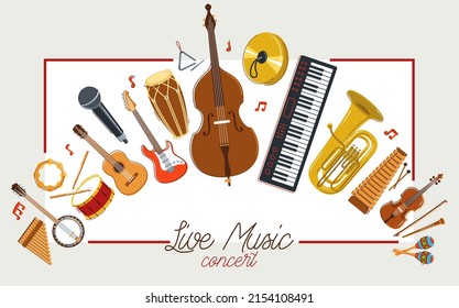 Music orchestra diverse instruments vector flat poster, live sound concert or festival, musical band or orchestra playing and singing songs advertising flyer or banner.