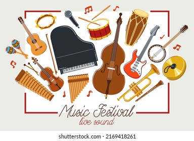 Music orchestra diverse instruments vector flat poster, live sound concert or festival, musical band or orchestra playing and singing songs advertising flyer or banner.