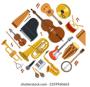 Music orchestra diverse instruments vector flat illustration isolated on white background, live sound concert or festival, musical band or orchestra playing and singing songs.