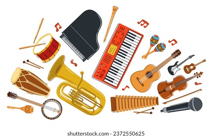 Music orchestra diverse instruments vector flat illustration isolated on white background, live sound concert or festival, musical band or orchestra playing and singing songs.