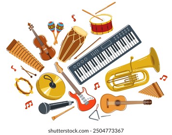 Music orchestra diverse instruments vector flat illustration isolated on white background, live sound concert or festival, musical band or orchestra playing and singing songs.