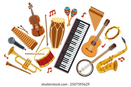 Music orchestra diverse instruments vector flat illustration isolated on white background, live sound concert or festival, musical band or orchestra playing and singing songs.