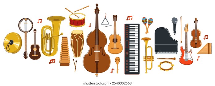 Music orchestra diverse instruments vector flat illustration isolated on white background, live sound concert or festival, musical band or orchestra playing and singing songs.