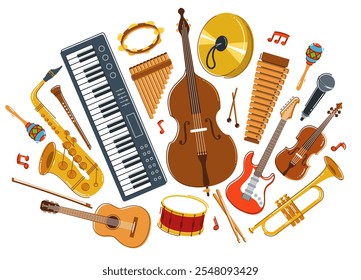 Music orchestra diverse instruments vector flat illustration isolated on white background, live sound concert or festival, musical band or orchestra playing and singing songs.