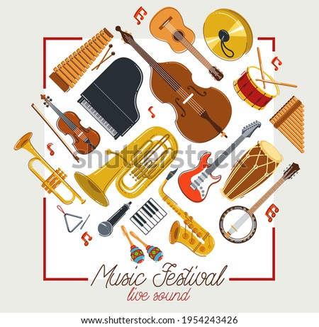 Music orchestra diverse instruments vector flat poster, live sound concert or festival, musical band or orchestra playing and singing songs advertising flyer or banner.