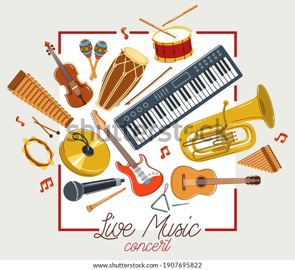 Music orchestra\
diverse instruments vector flat poster, live sound concert or\
festival, musical band or orchestra playing and singing songs\
advertising flyer or\
banner.