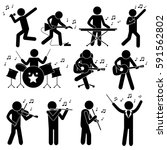 Music Orchestra. A Person Conducting, Singing, Playing Guitar, Piano, Drums, Violin, Flute, Clarinet. Stick Figure Pictogram Icon