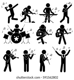 Music Orchestra. A Person Conducting, Singing, Playing Guitar, Piano, Drums, Violin, Flute, Clarinet. Stick Figure Pictogram Icon