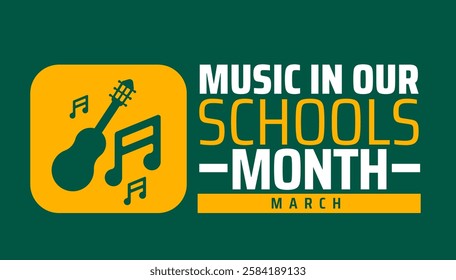 Music in Our Schools Month background banner or poster design template. observed every year in March. Holiday concept. Use to any Template, card, poster, placard, template.