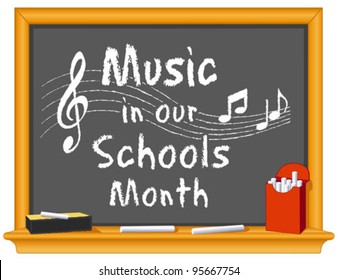 Music in Our Schools Month Chalkboard. March celebrates music in education, since 1985. Chalk text on wood frame blackboard, treble clef, notes, staff, box of chalk, eraser. EPS8 compatible.