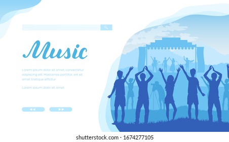  Music outdoor area in the fresh air. Festival of songs with pop groups and their fans on a summer night. Vector illustration design concept.