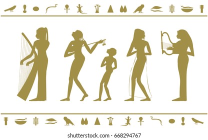 Music outline of ancient Egypt. Silhouette hieroglyphic carvings, frescoes, mythological scenes. Egyptian gods and pharaohs background. Isolated vector illustration.