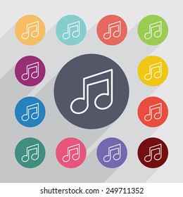 music outline circle, flat icons set. Round colorful buttons 