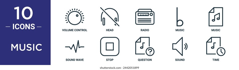 Music Outline Icon Set enthält dünne Linie Lautstärkeregler, Kopf, Radio, Musik, Musik, Sound Wave, Stopp-Icons für Bericht, Präsentation, Diagramm, Web-Design