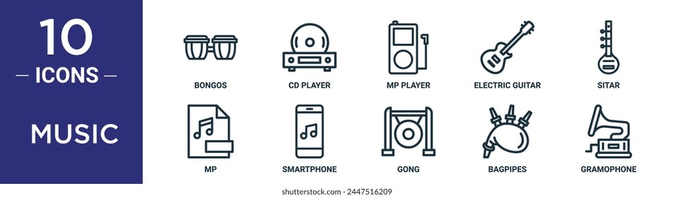 el conjunto de íconos de contorno de música incluye bongos de línea fina, reproductor de cd, reproductor de mp, guitarra eléctrica, sitar, mp, íconos de smartphone para informe, presentación, diagrama, Diseño web