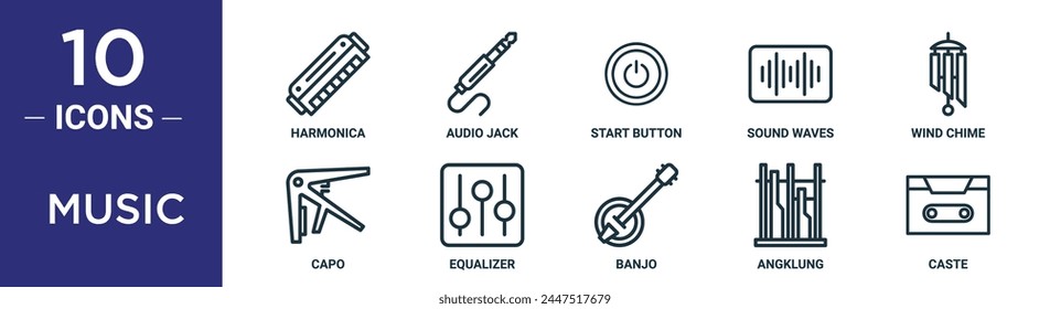 music outline icon set includes thin line harmonica, audio jack, start button, sound waves, wind chime, capo, equalizer icons for report, presentation, diagram, web design