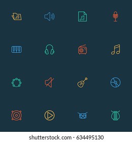 Music Outline Icons Set. Collection Of Wireless, Orator, Timbrel And Other Elements. Also Includes Symbols Such As Headphone, Play, Guitar.