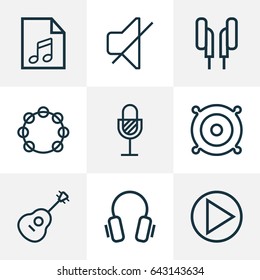 Music Outline Icons Set. Collection Of Headphones, Circle, Strings And Other Elements. Also Includes Symbols Such As Amplifier, Headphone, Circle.
