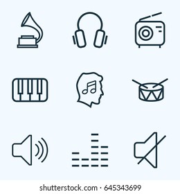 Music Outline Icons Set. Collection Of Equalizer, Audio Level, Cover And Other Elements. Also Includes Symbols Such As Mixer, Wireless, Phonograph.