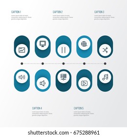 Music Outline Icons Set. Collection Of Datacenter, Chart, Randomize Elements. Also Includes Symbols Such As Screen, Monitor, Reel.