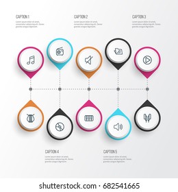 Music Outline Icons Set. Collection Of Headphones, Audio Level, Melody And Other Elements. Also Includes Symbols Such As Wireless, Soundless, Radio.