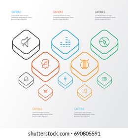 Music Outline Icons Set. Collection Of Melody, Barrel, Plastic And Other Elements. Also Includes Symbols Such As Mute, Solfeggio, Bit.