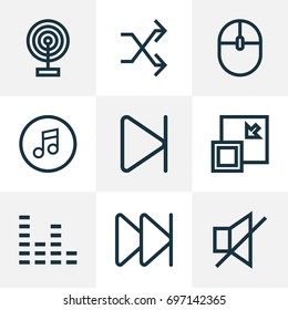 Music Outline Icons Set. Collection Of Forward, Equalizer, Cast And Other Elements. Also Includes Symbols Such As Minimize, Quarter, Randomize.