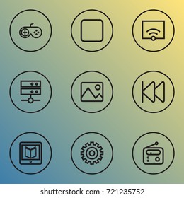 Music Outline Icons Set. Collection Of Rewind, Gamepad, Picture And Other Elements. Also Includes Symbols Such As Signal, Tuner, Picture.