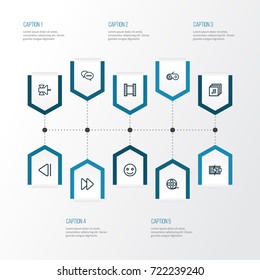 Music Outline Icons Set. Collection Of Next, Communication Antenna, Filmstrip And Other Elements. Also Includes Symbols Such As File, Filmstrip, Emoji.
