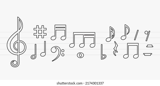 Las notas de contorno de música se establecen aisladas en el fondo de la luz. Icono de símbolo de señal de sonido musical