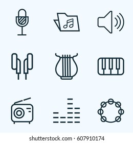 Music Outlines Set. Collection Of Amplifier, Keys, Wireless And Other Elements. Also Includes Symbols Such As Music, Earphones, Tambourine.