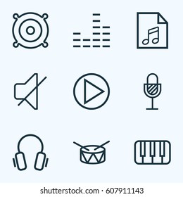 Music Outlines Set. Collection Of Amplifier, Soundless, Barrel And Other Elements. Also Includes Symbols Such As Drum, Amplifier, Equalizer.