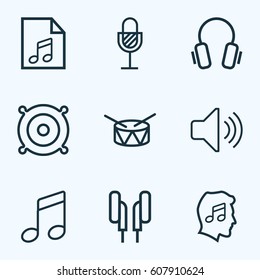 Music Outlines Set. Collection Of Earphones, Cover, Barrel And Other Elements. Also Includes Symbols Such As Speaker, Volume, Device.