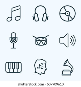 Music Outlines Set. Collection Of Plastic, Barrel, Keys And Other Elements. Also Includes Symbols Such As Barrel, Cover, Piano.