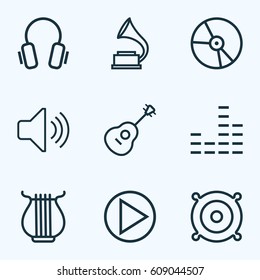 Music Outlines Set. Collection Of Plastic, Phonograph, Earphones And Other Elements. Also Includes Symbols Such As Speaker, Mixer, Orator.