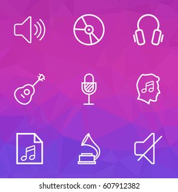 Music Outlines Set. Collection Of Strings, Soundtrack, Plastic And Other Elements. Also Includes Symbols Such As Lover, Microphone, Strings.