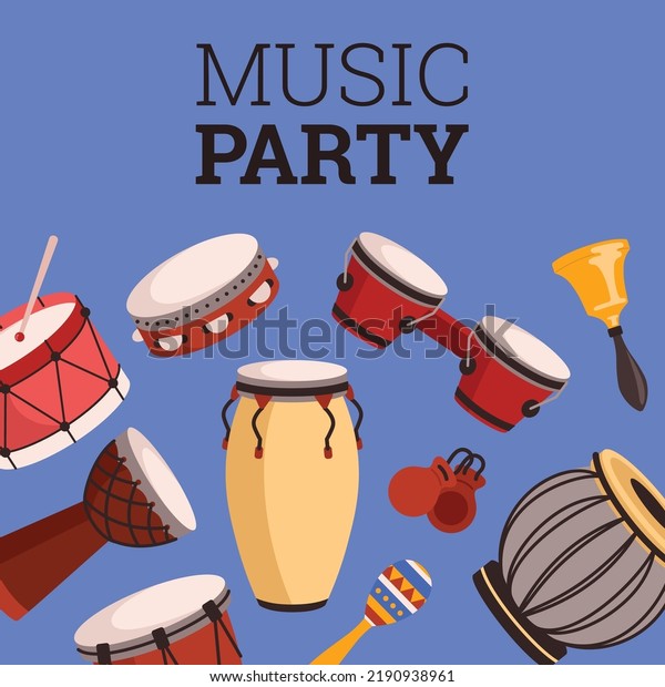 Music party\
advertising banner or flyer with classical music instruments, flat\
vector illustration. Ethnic percussion instruments - castanets,\
bongo, tabla and drums.
