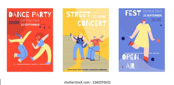 Music Party Announcement Poster Dance Party Street Concert Open Air Fest Musicians Dancers Guitarist Flat Template Vector Style Print Illustration Promotion Festival Banner Live Sound Events Concept