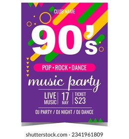 Music party artists of the 90's vector design template. Nineties music party invitation, promo poster or banner with 90's colourful graphic elements for concert or disco dance event in the night club.