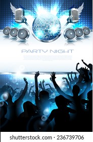 Music Party Background with silhouettes a instruments, disco ball - vector