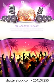 Music Party Background with silhouettes a instruments, disco ball - vector