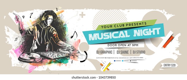 Music party Banner, flyer, magazine cover & poster template, vector illustration. 
