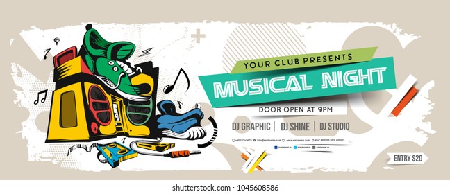 Music party Banner, flyer, magazine cover & poster template, vector illustration. 